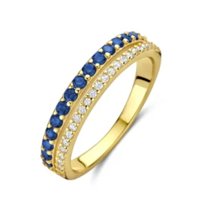 Super flot dobbelt alliance ring med blå og hvide zirkonia i forgyldt sølv.