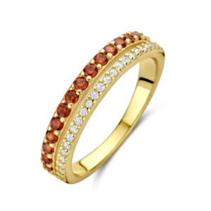 Super flot dobbelt alliance ring med røde og hvide zirkonia i forgyldt sølv.